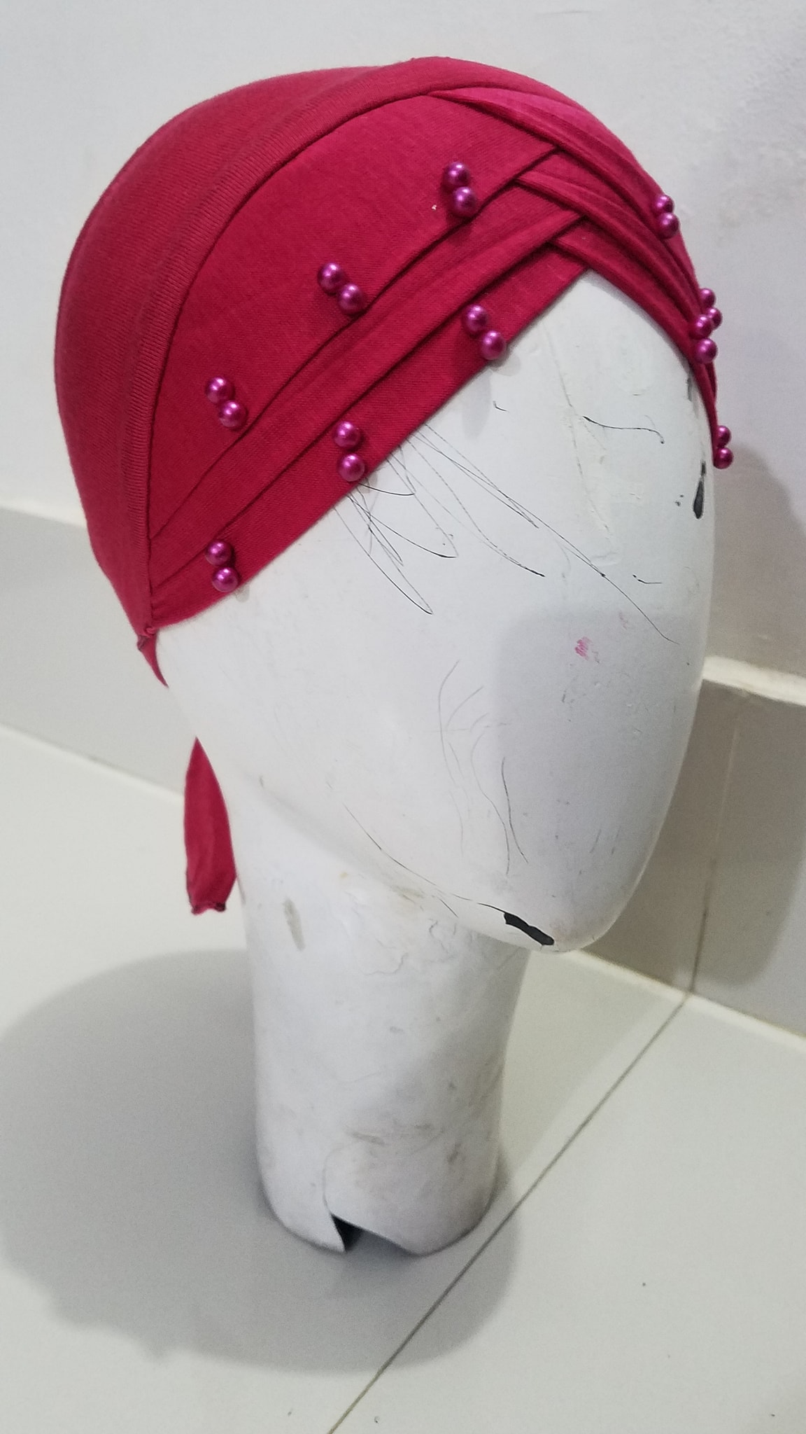 Criss Cross Tie Back Bonnet with Pearls - Red