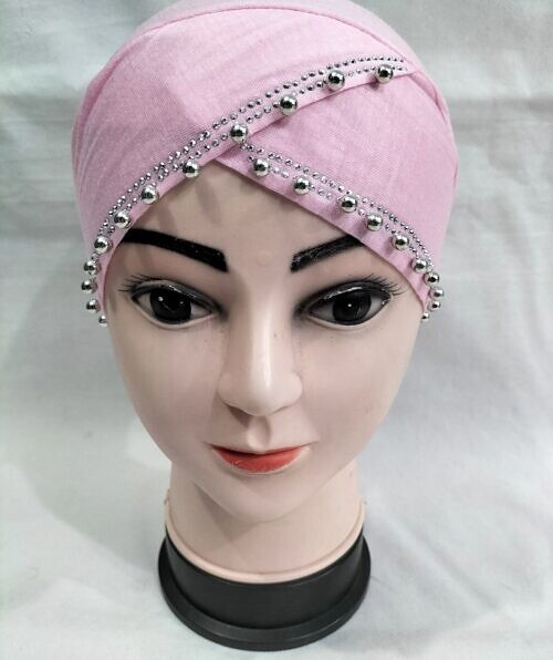 cross over tie back bonnet with pearls baby pink