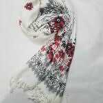 Cashmere Floral Scarf with Tassels - White