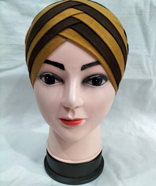 criss cross multi color tie back bonnet brown and mustard