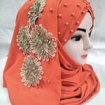 Pearl Floral Ready to Wear with 3D Fancy Flower Bunch - Orange