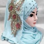 Pearl Floral Ready to Wear with 3D Fancy Flower Bunch - Sky Blue (Design 2)