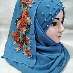 Pearl Floral Ready to Wear with 3D Flower Bunch - Blue