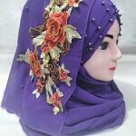 Pearl Floral Ready to Wear with 3D Flower Bunch - Eggplant