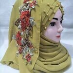 Pearl Floral Ready to Wear with 3D Flower Bunch - Olive Green